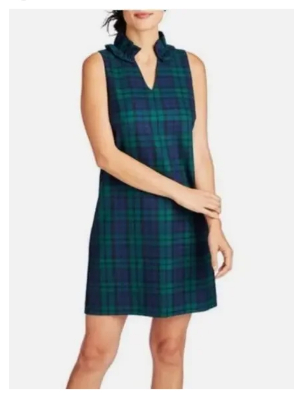 Vineyard Vines Sleeveless Green & Navy Plaid Shift Dress with Ruffle Collar